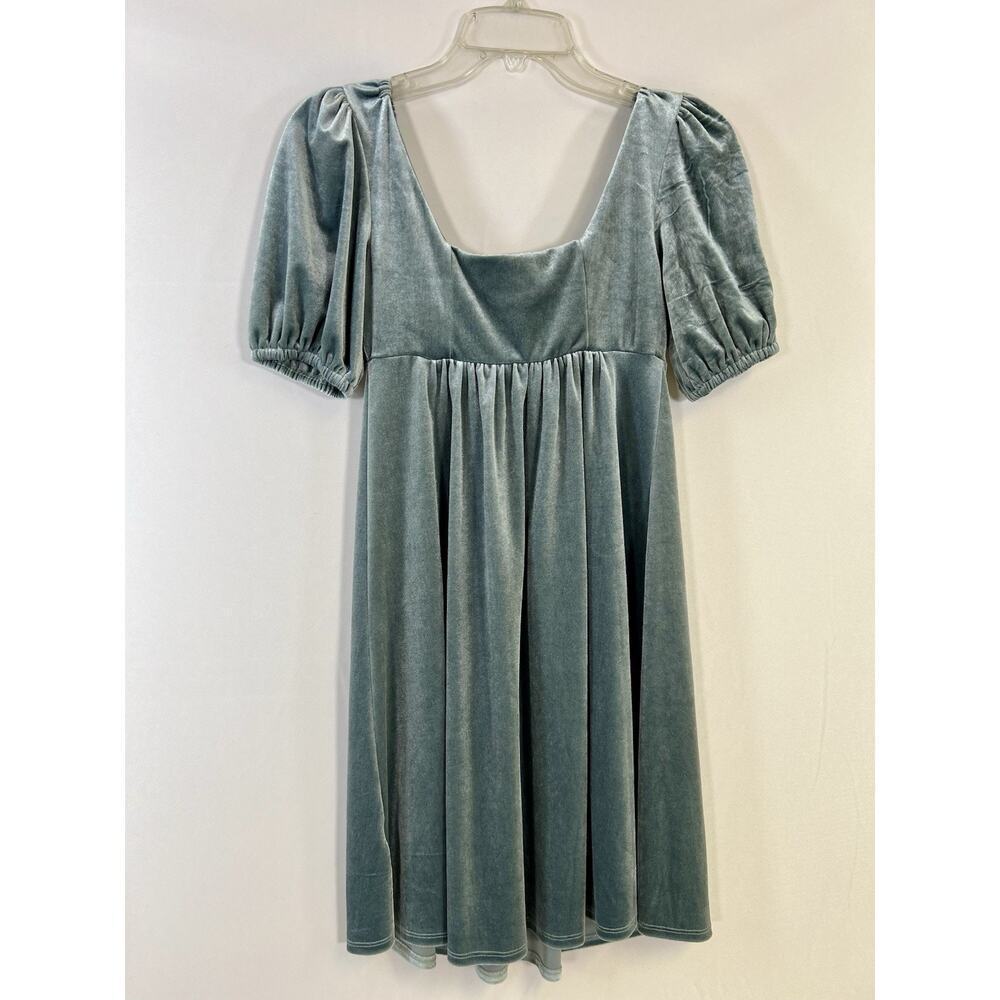 Dusty‎ Blue Velvet Peasant Prairie Fairy Square Neck Puff Sleeved Mini Dress XS